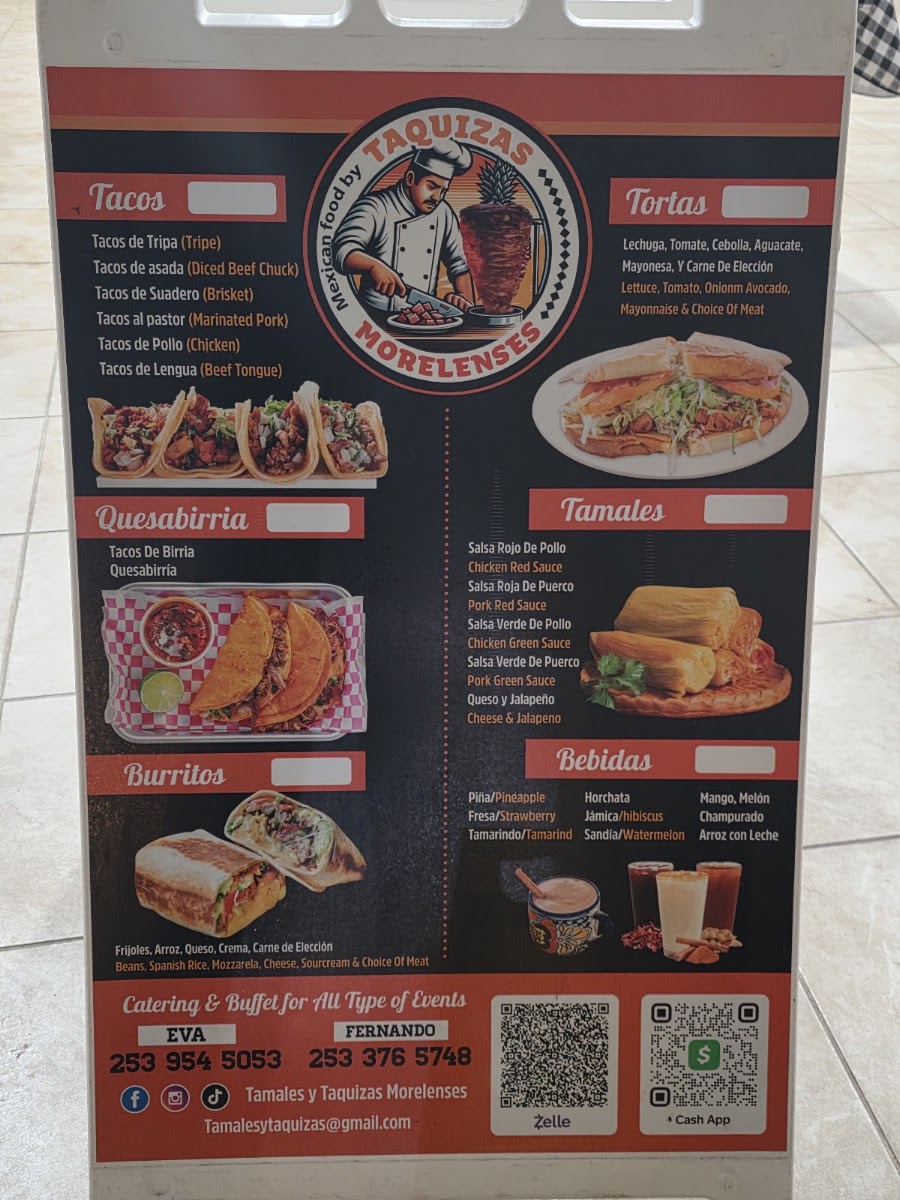 Taquizas Morelenses menu board