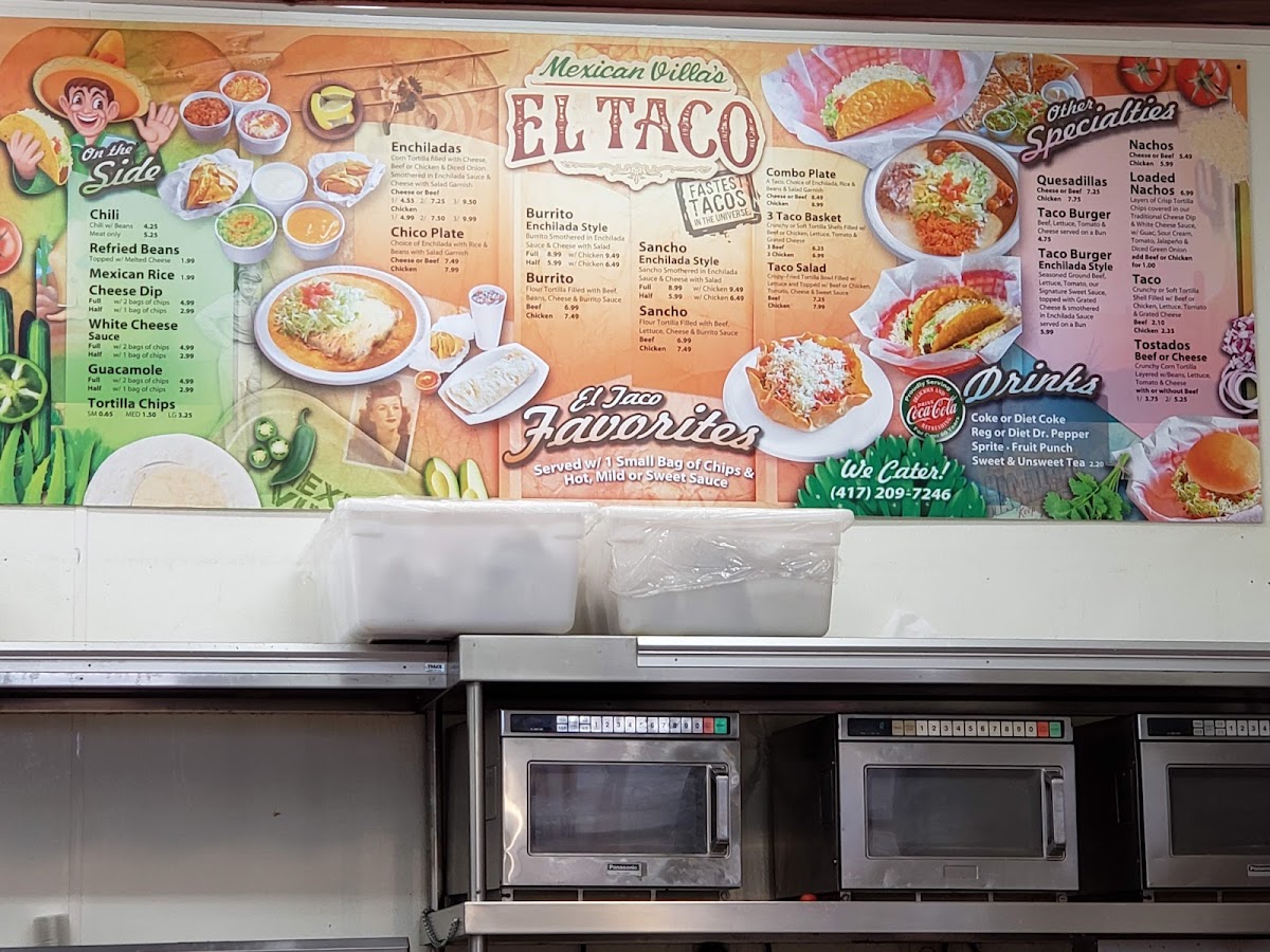 Mexican Villa El Taco menu board