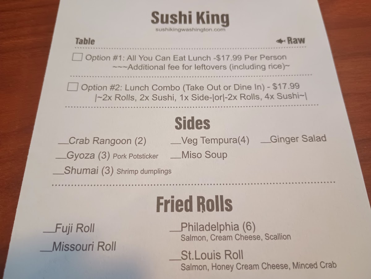 Sushi King menu board