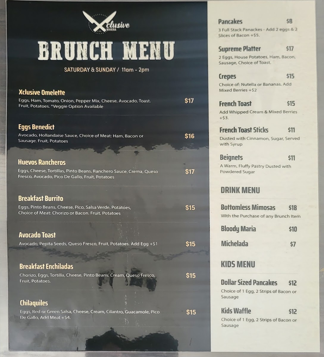 Xclusive Riviera menu board