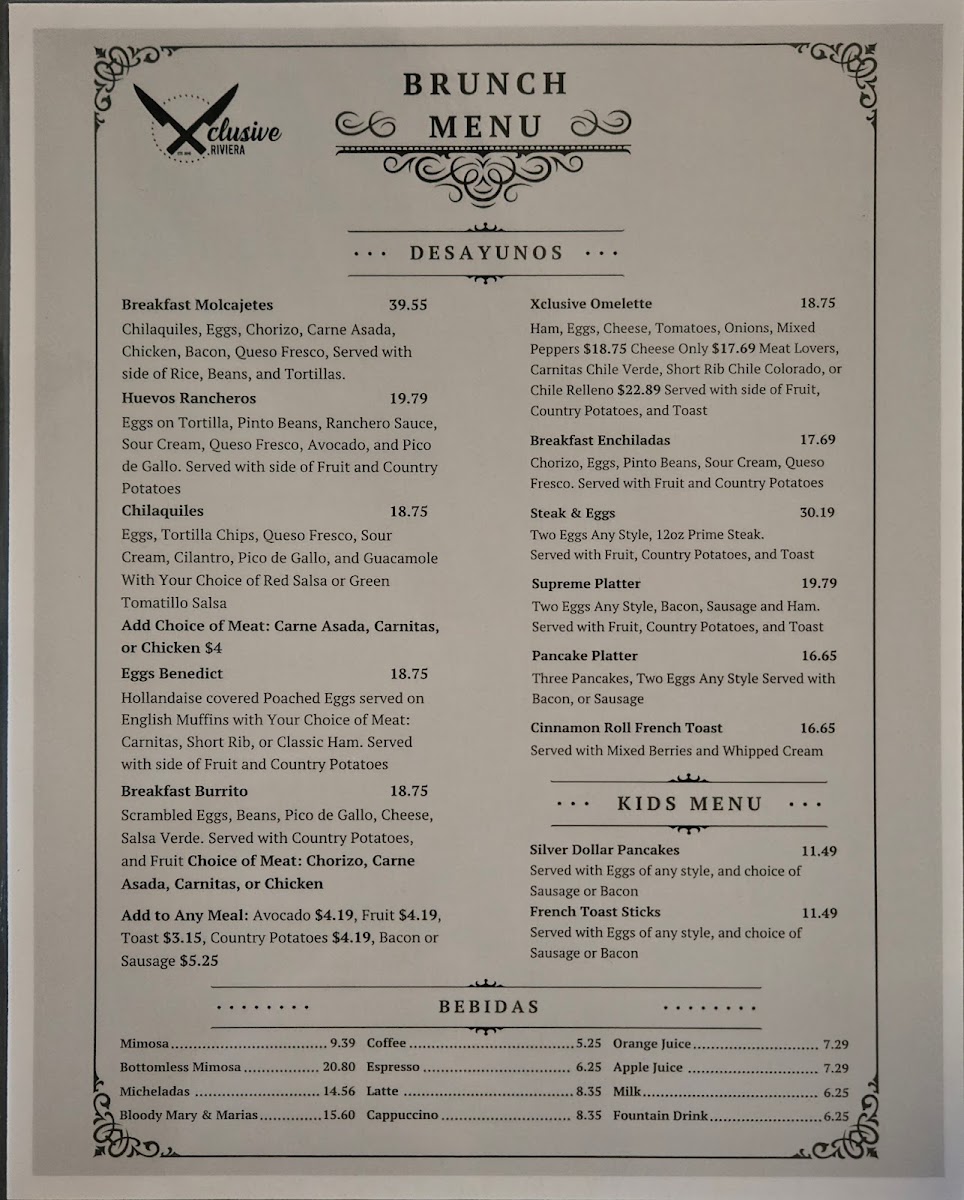 Xclusive Riviera menu board