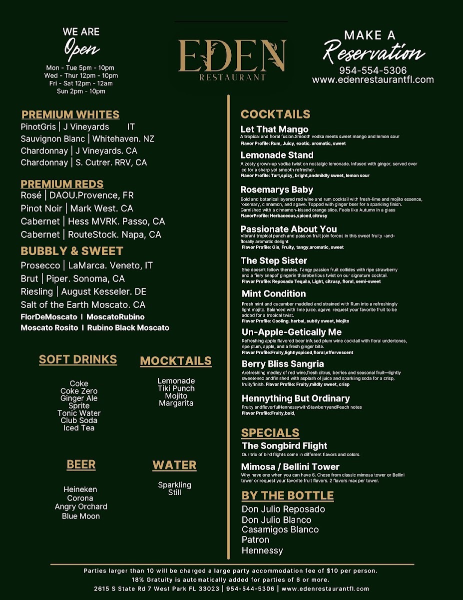 Eden Restaurant FL menu board