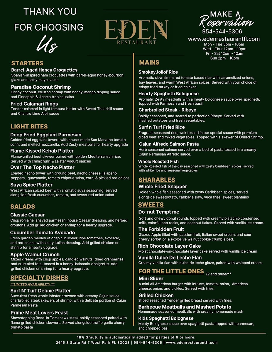 Eden Restaurant FL menu board