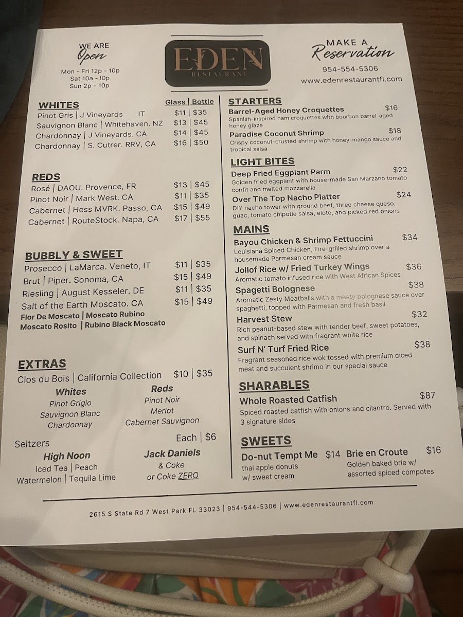 Eden Restaurant FL menu board
