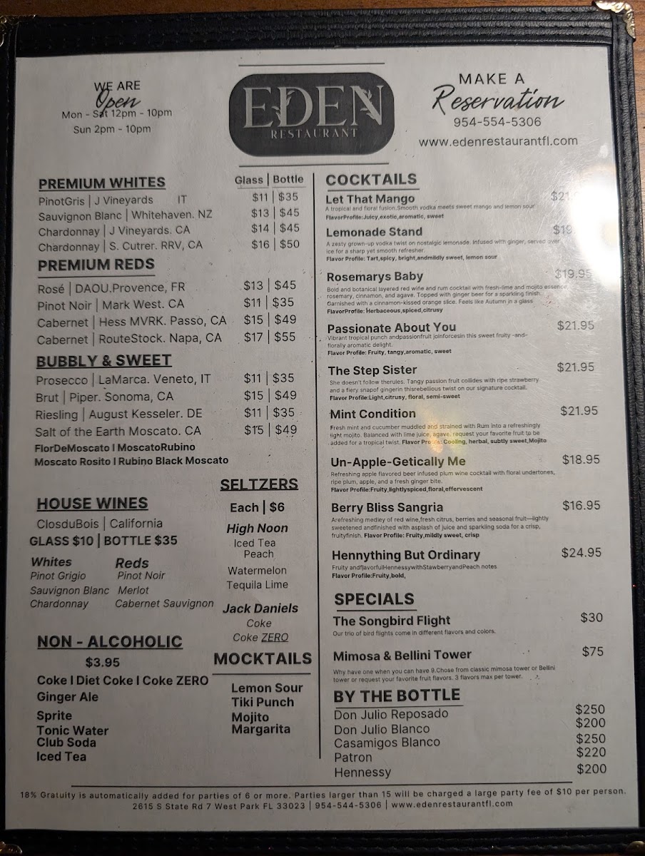 Eden Restaurant FL menu board
