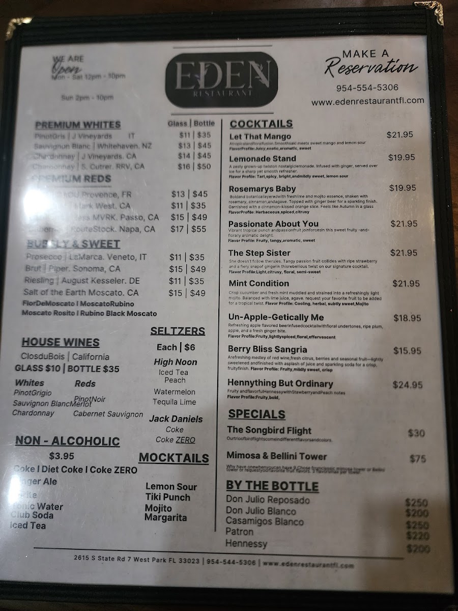 Eden Restaurant FL menu board