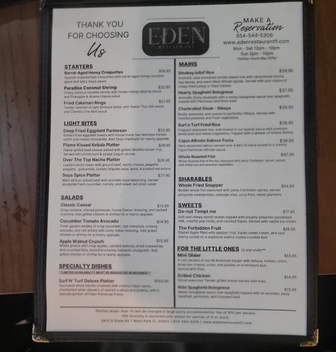 Eden Restaurant FL menu board