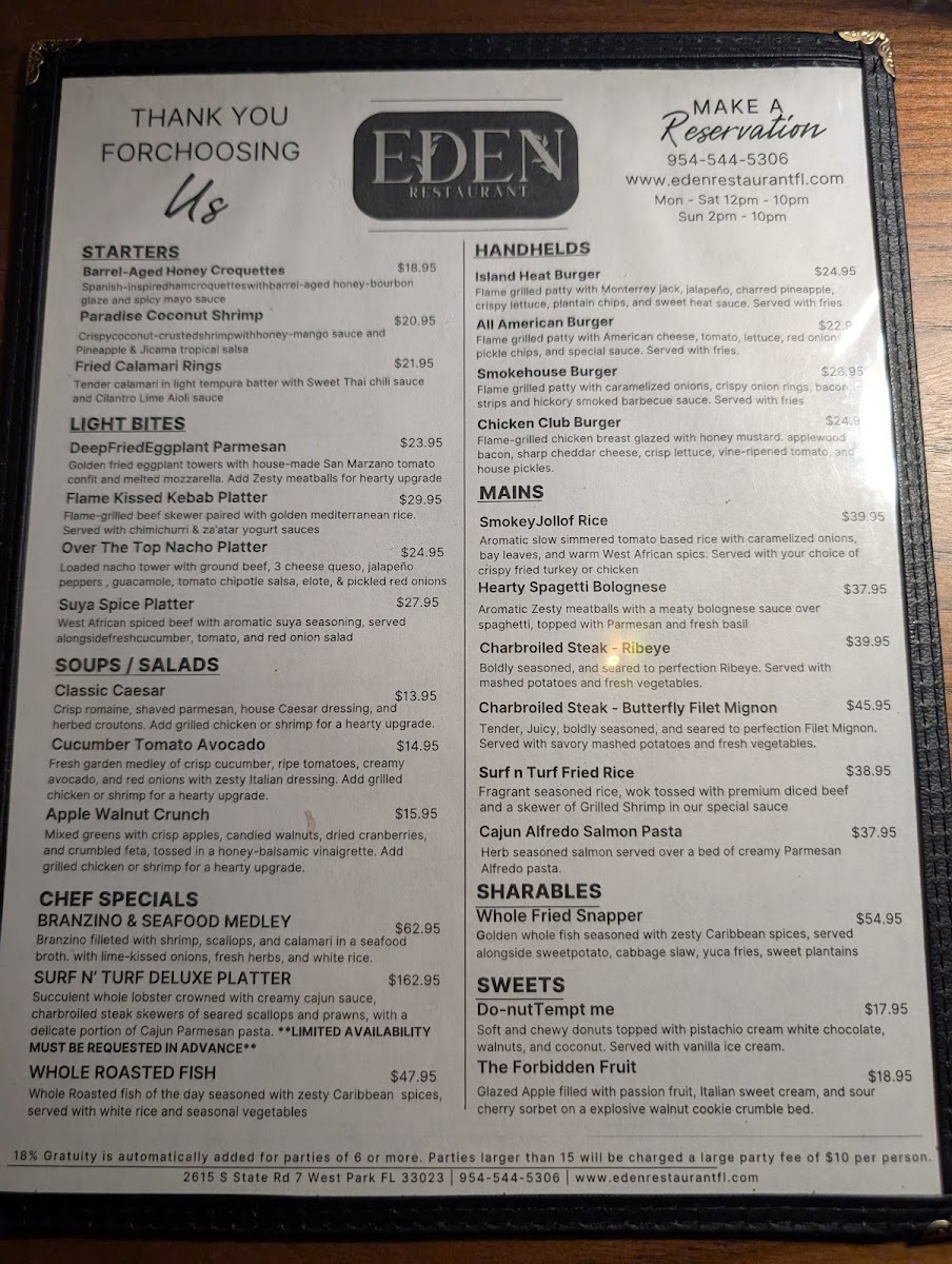 Eden Restaurant FL menu board