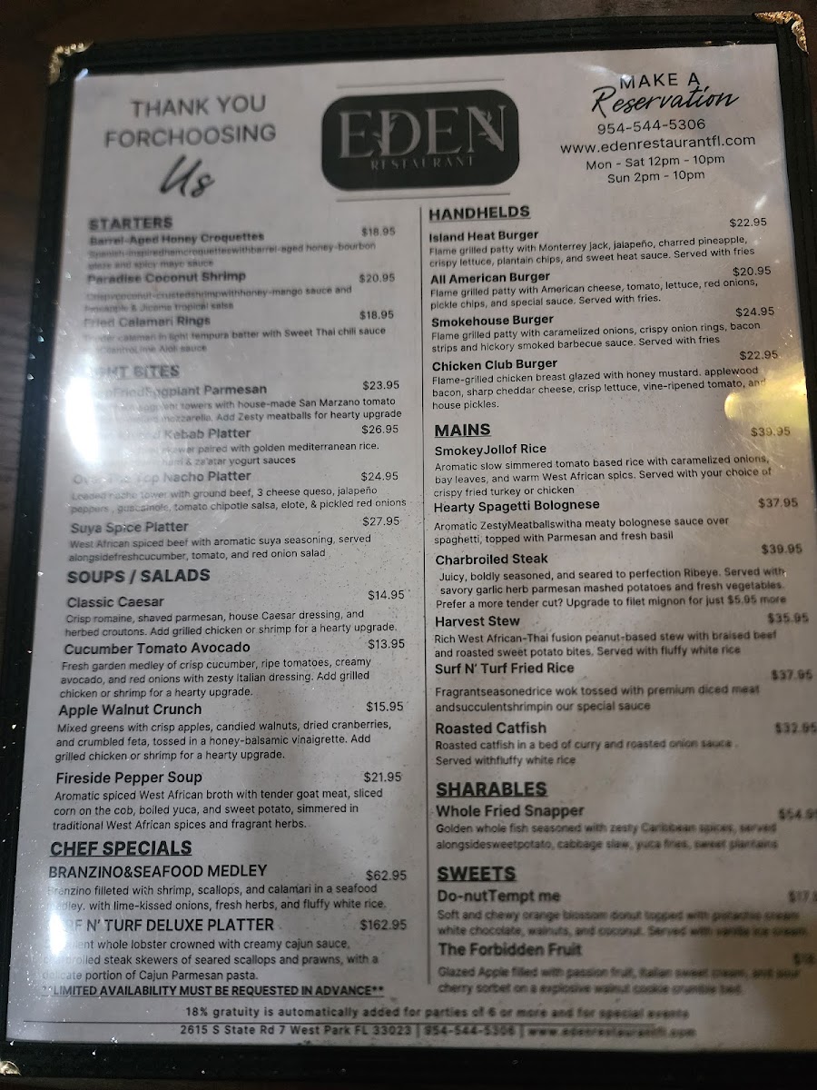 Eden Restaurant FL menu board