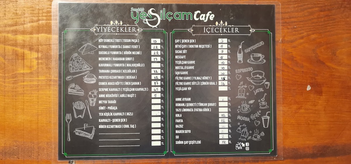 Sandıklı Yeşilçam Cafe menu board