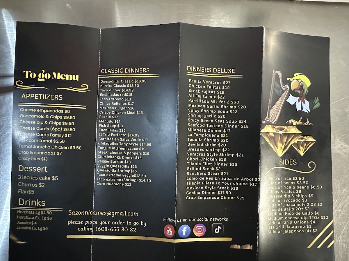 El sazon Jarocho Grill & Bar Restaurant. menu board