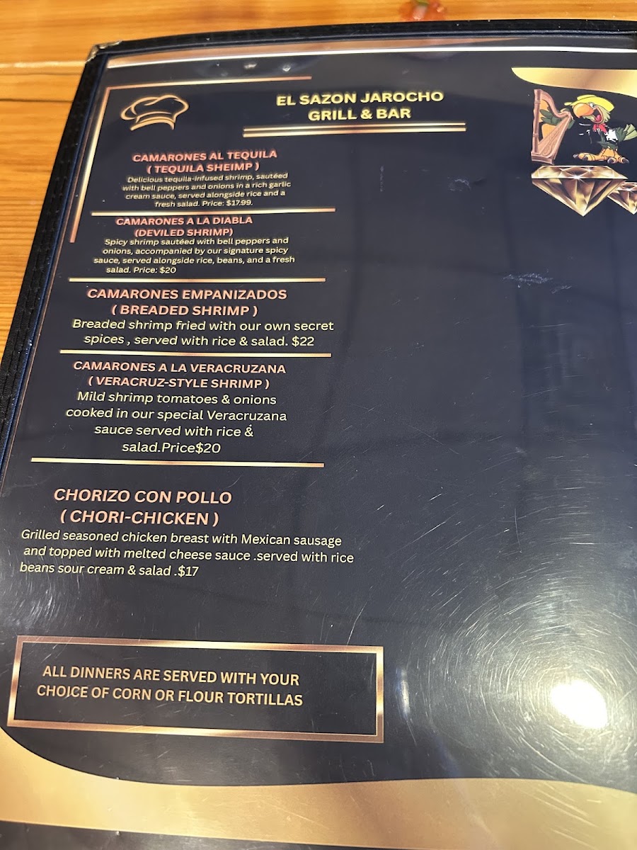 El sazon Jarocho Grill & Bar Restaurant. menu board