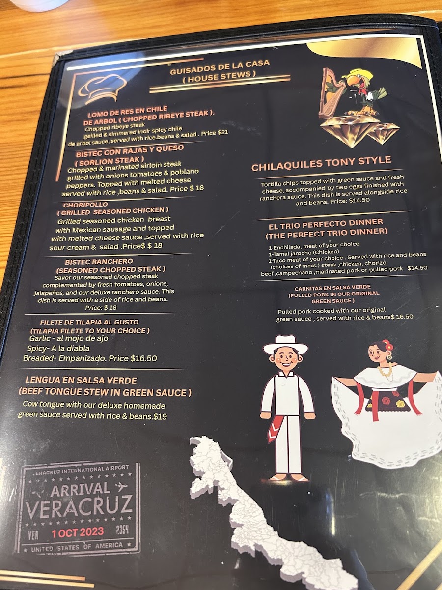 El sazon Jarocho Grill & Bar Restaurant. menu board