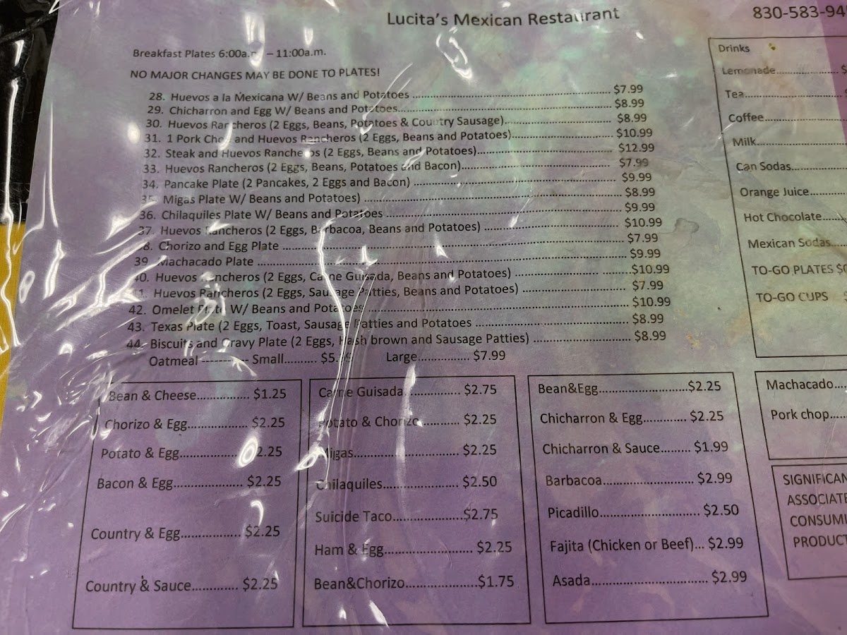 Lucita's Mexican Restaurant menu board