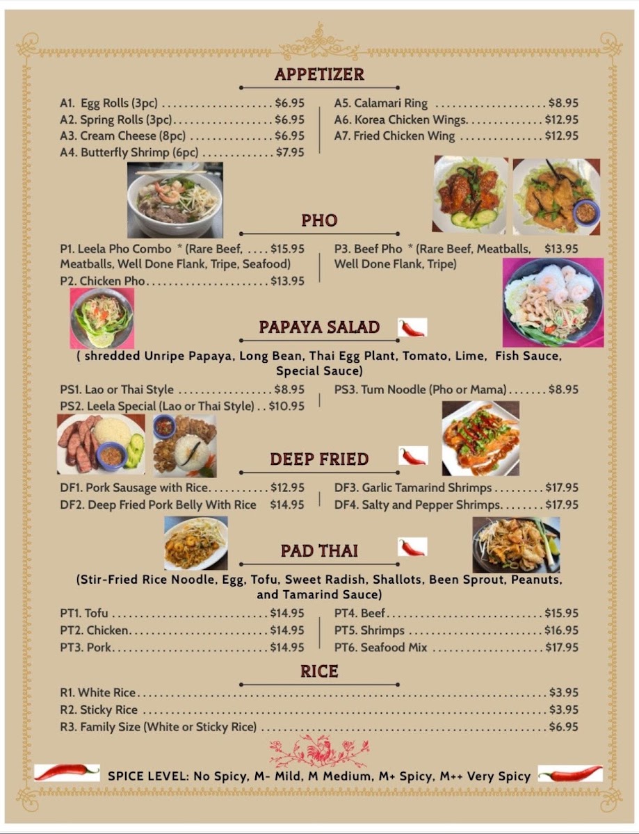 Leela Thai Restaurant menu board