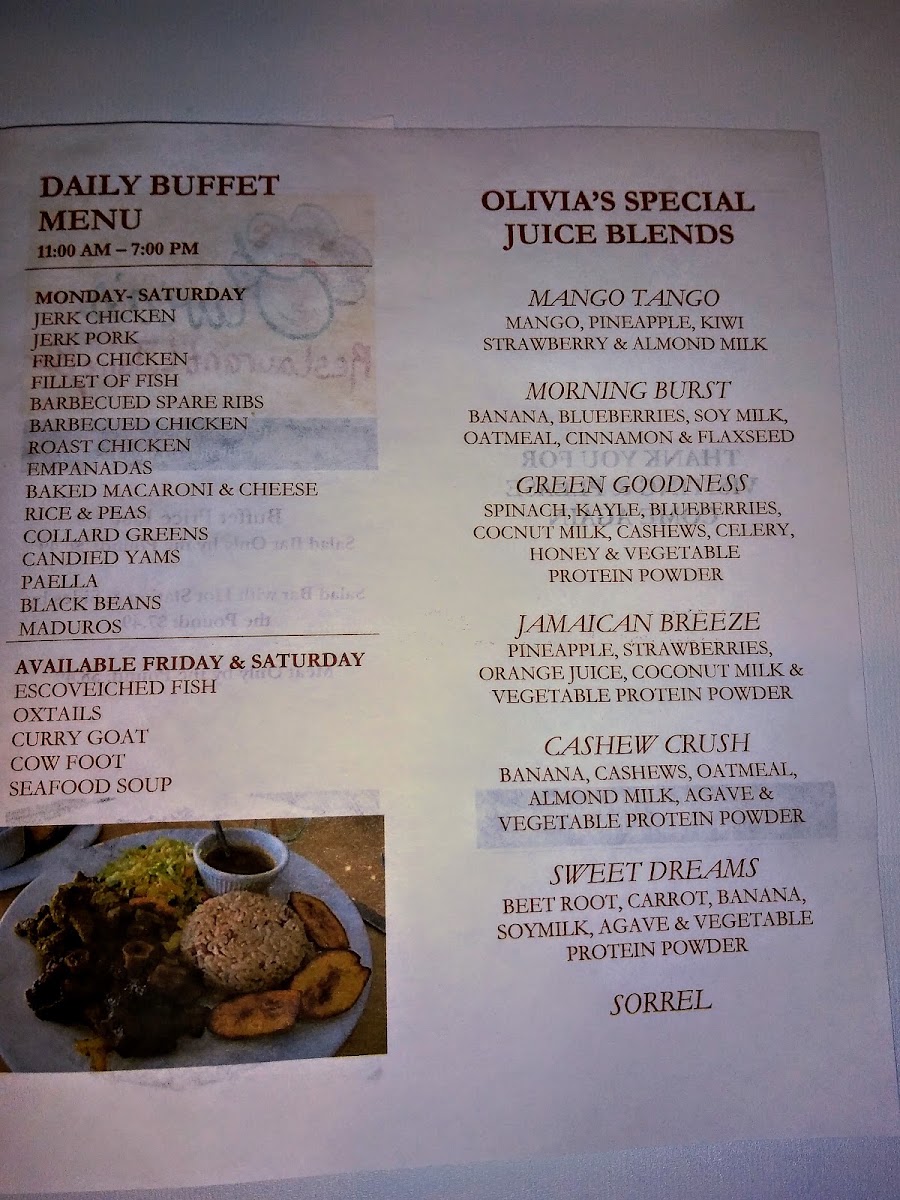Olivia's Restaurant & Juice Bar menu board
