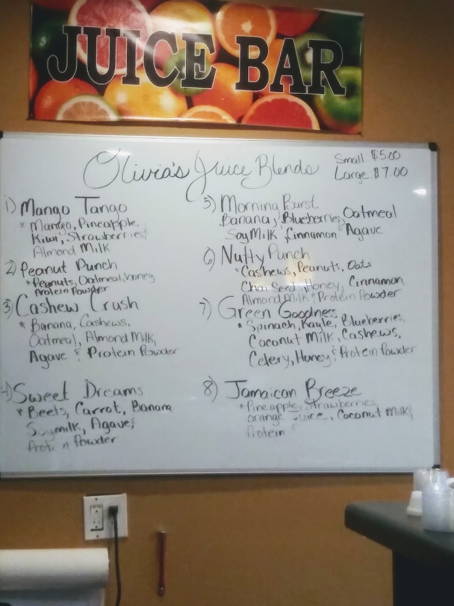 Olivia's Restaurant & Juice Bar menu board
