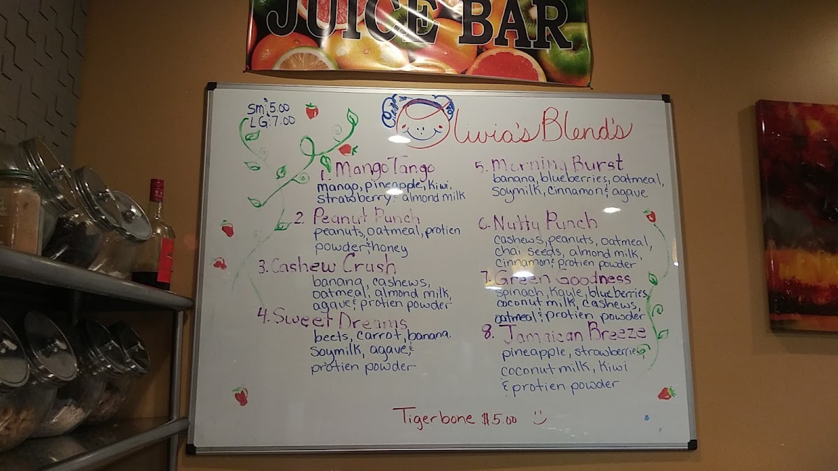 Olivia's Restaurant & Juice Bar menu board
