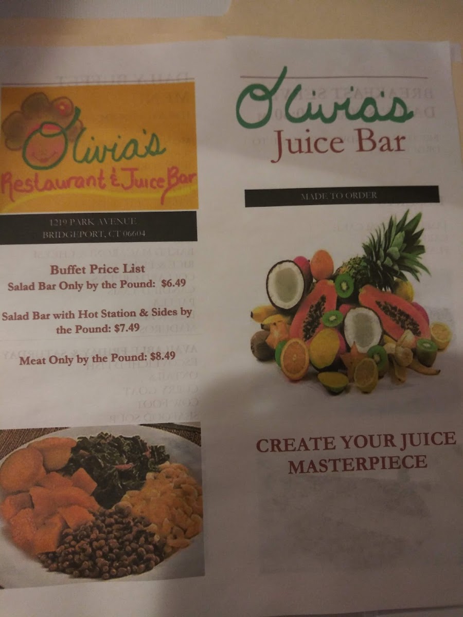 Olivia's Restaurant & Juice Bar menu board