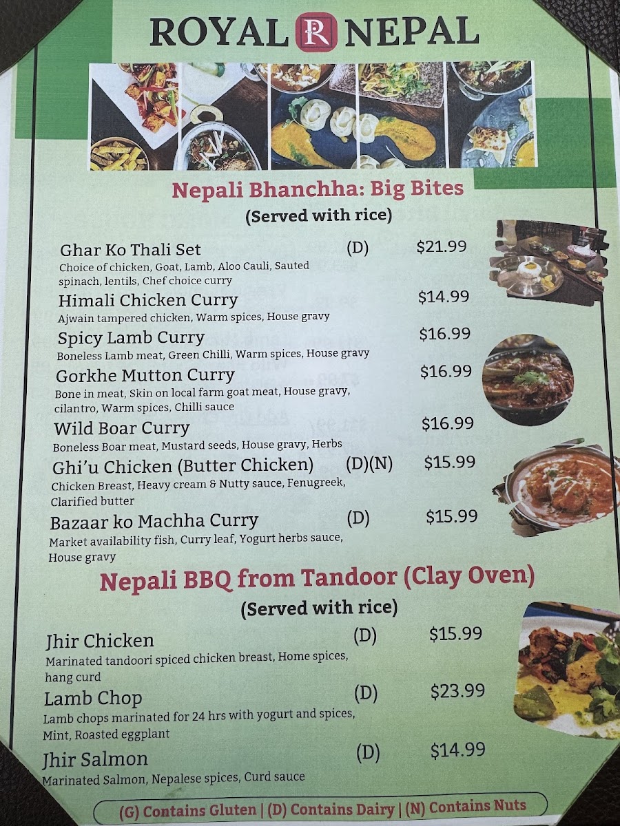Royal Nepal TX Bar and Grill menu board