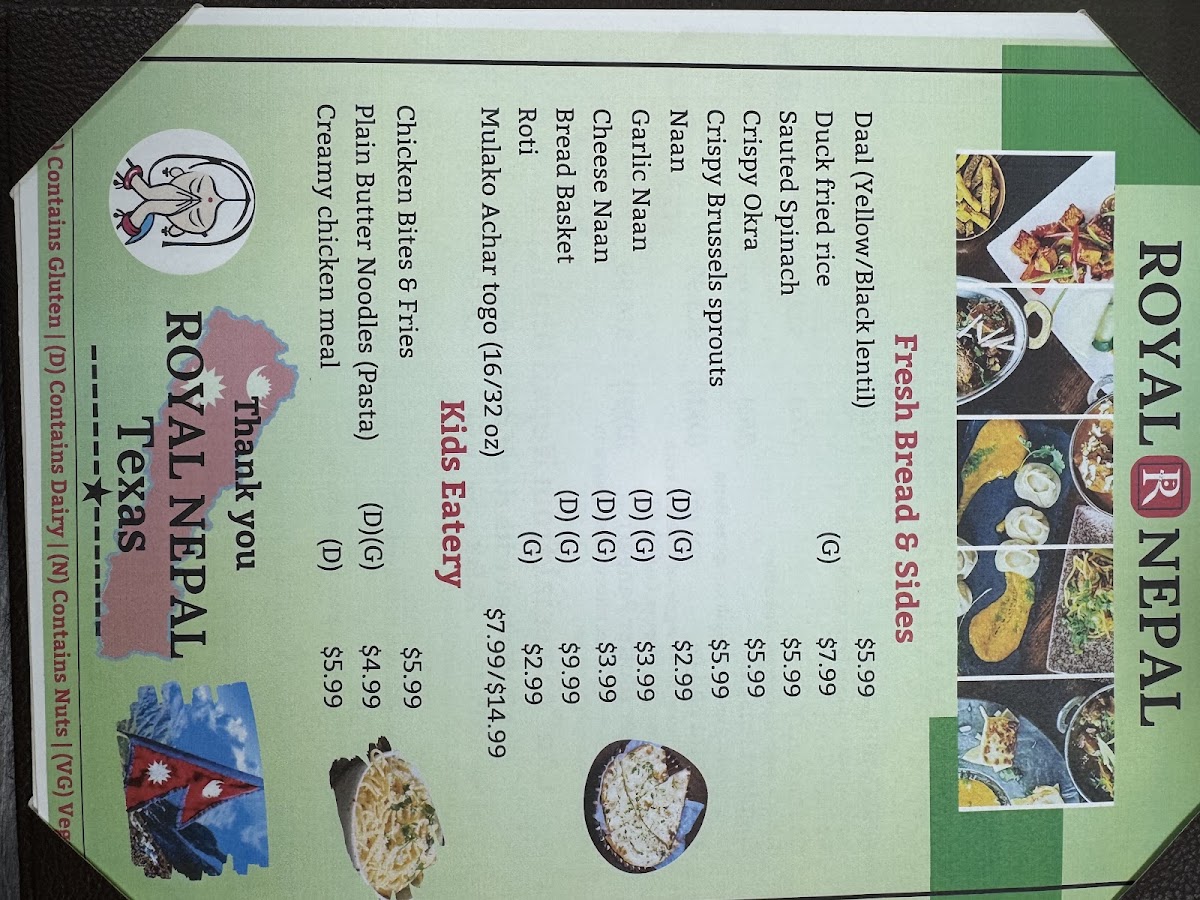 Royal Nepal TX Bar and Grill menu board