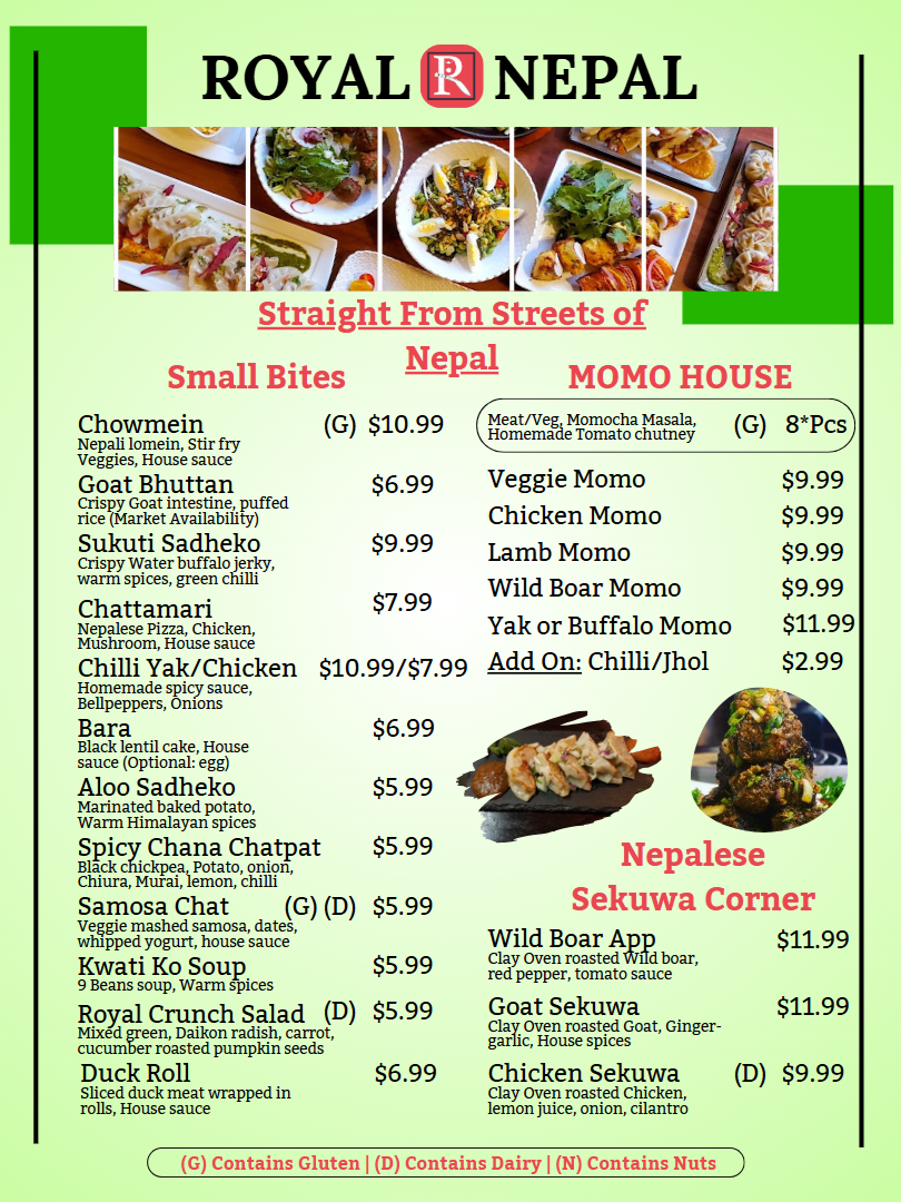Royal Nepal TX Bar and Grill menu board