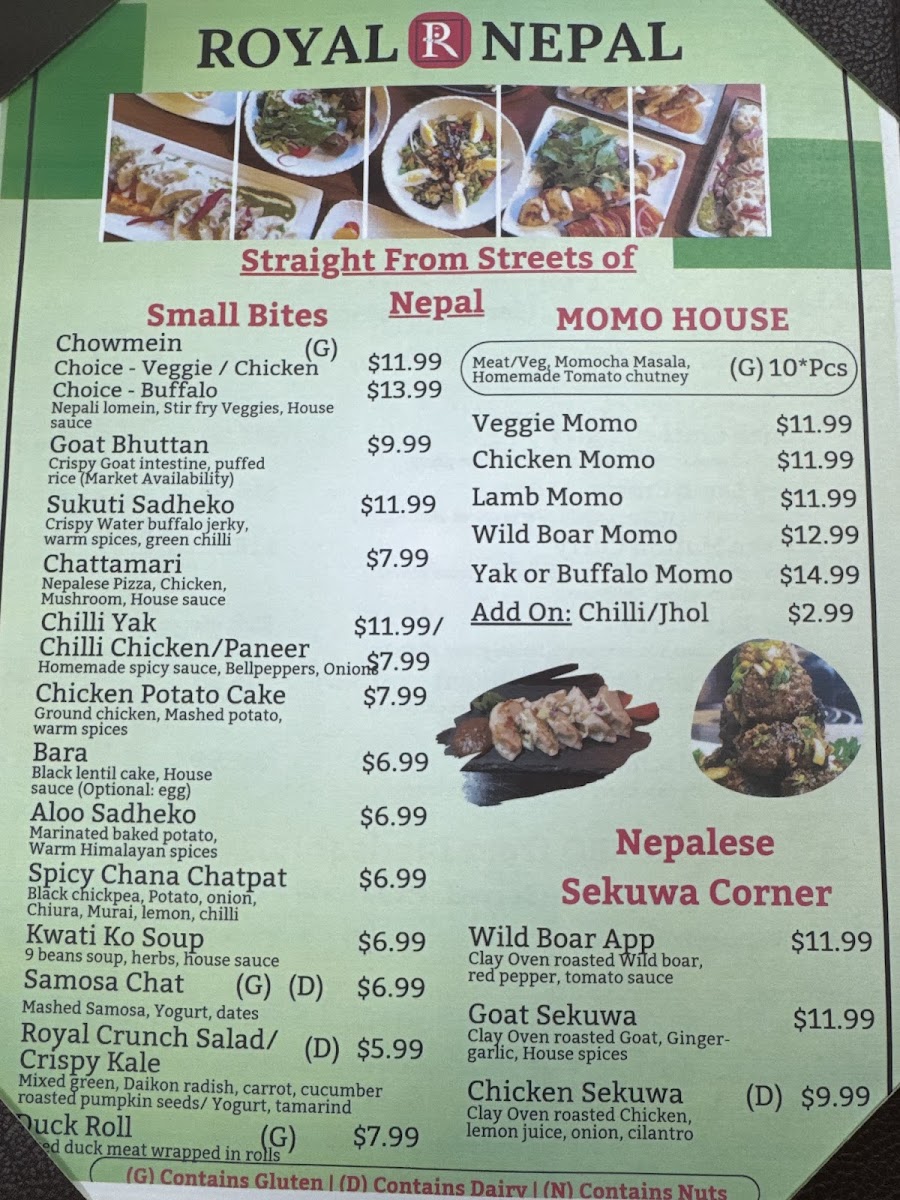 Royal Nepal TX Bar and Grill menu board