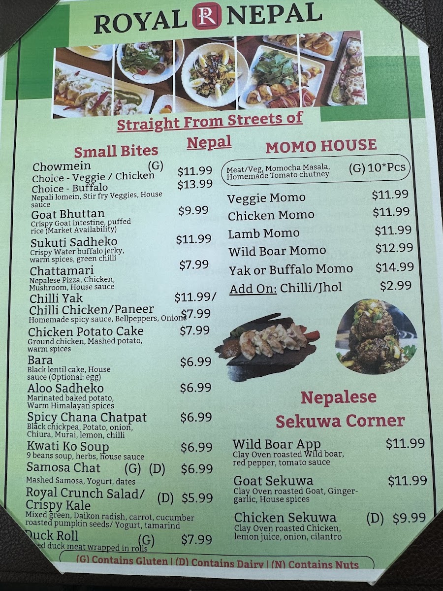 Royal Nepal TX Bar and Grill menu board