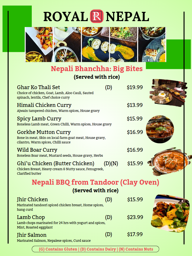 Royal Nepal TX Bar and Grill menu board