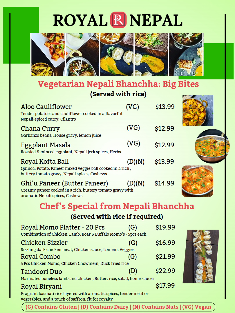 Royal Nepal TX Bar and Grill menu board