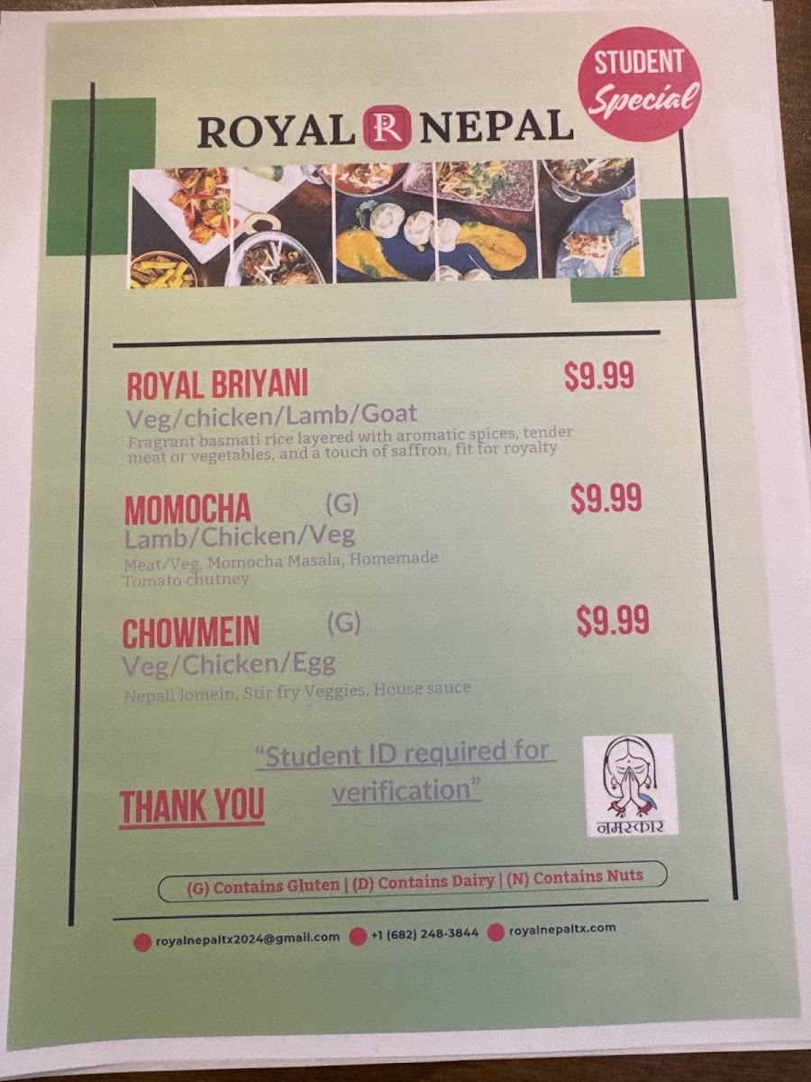 Royal Nepal TX Bar and Grill menu board
