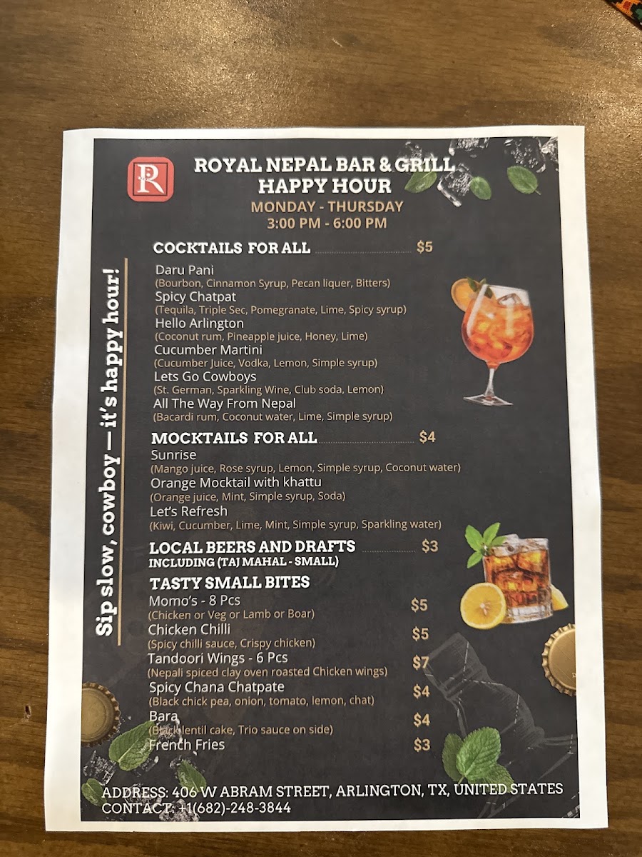 Royal Nepal TX Bar and Grill menu board