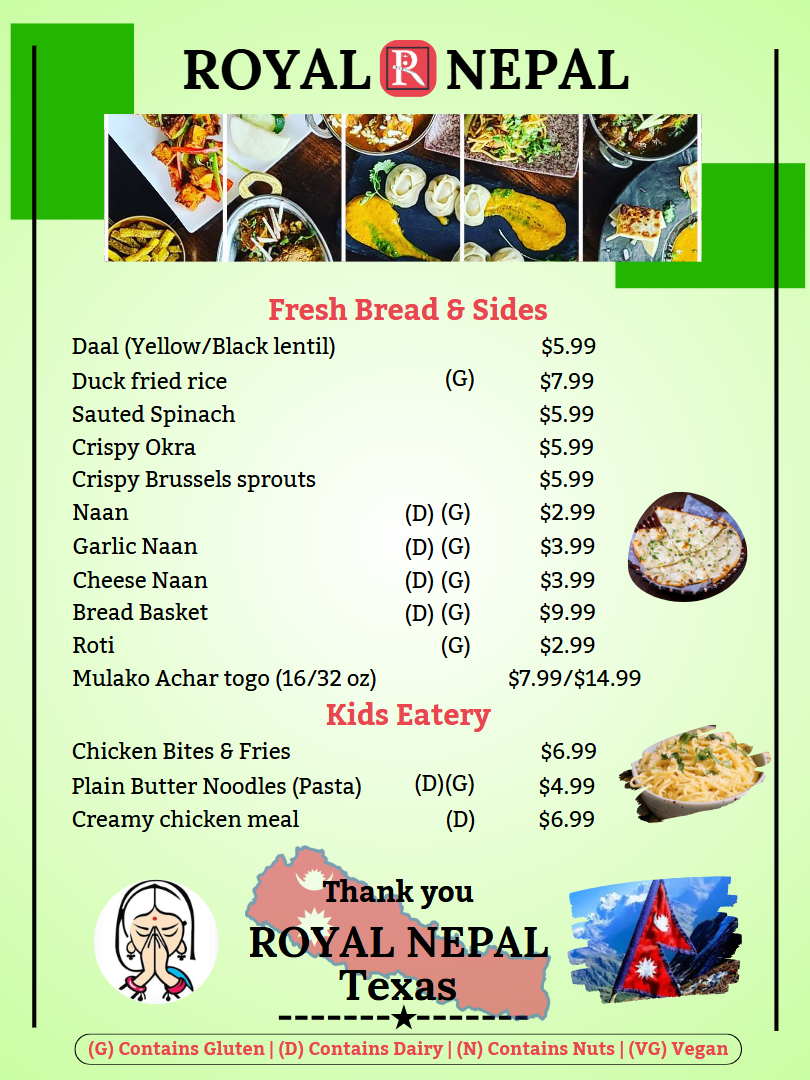 Royal Nepal TX Bar and Grill menu board