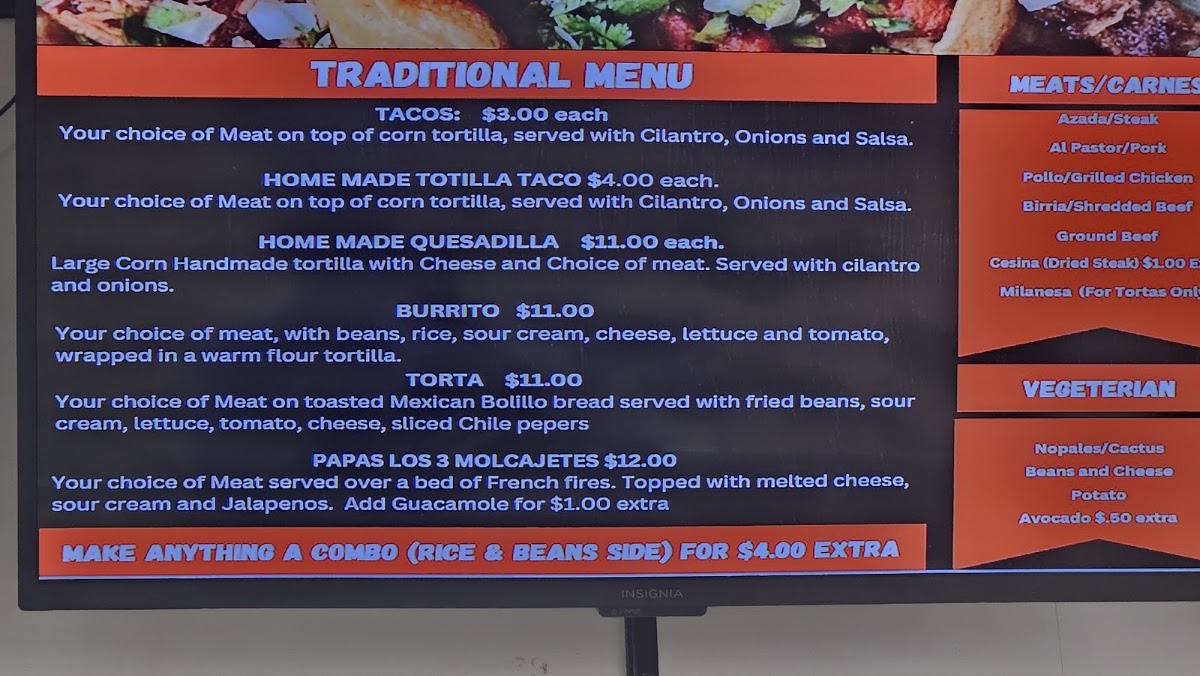 Taqueria Los 3 Molcajetes menu board