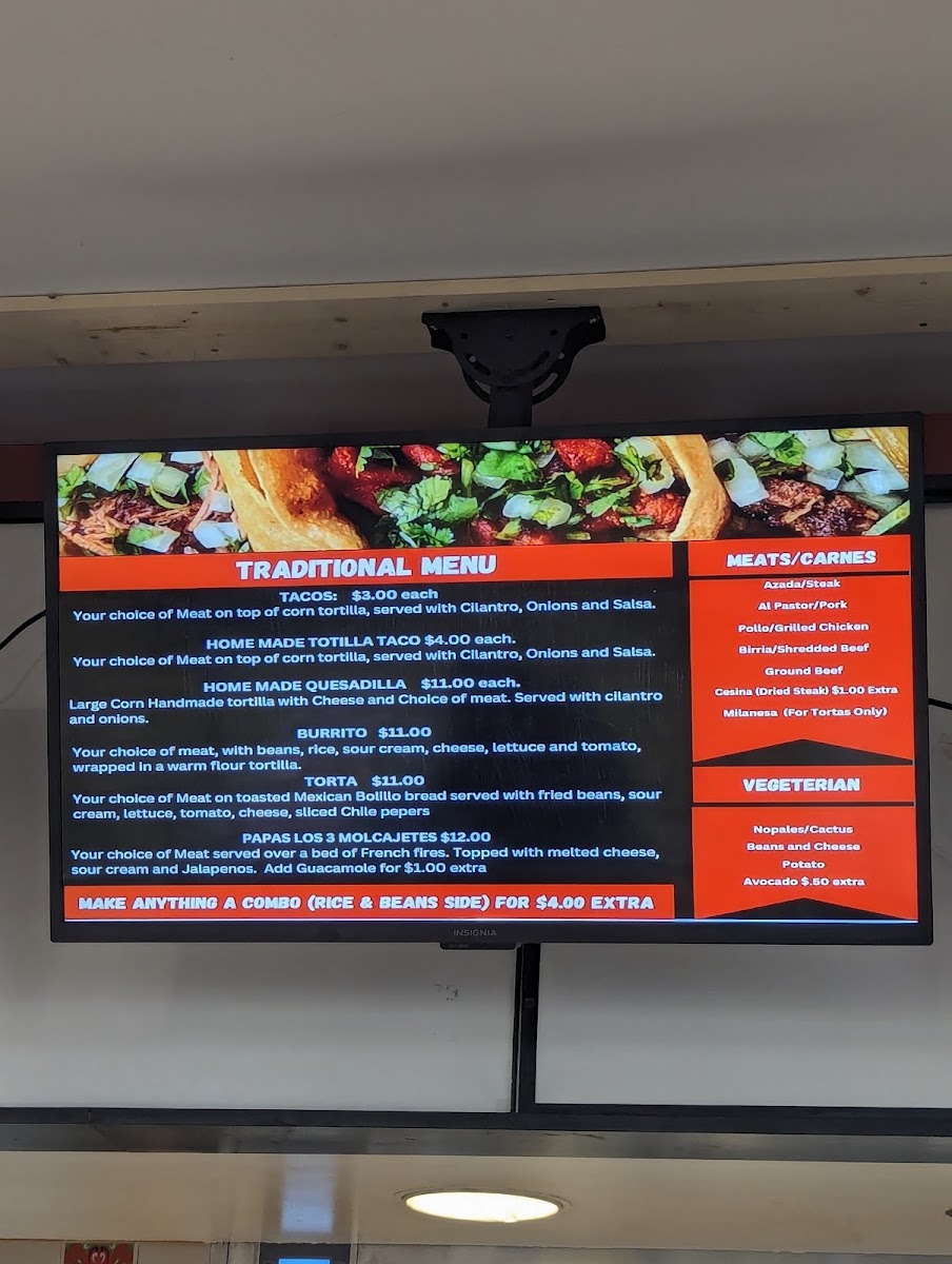 Taqueria Los 3 Molcajetes menu board