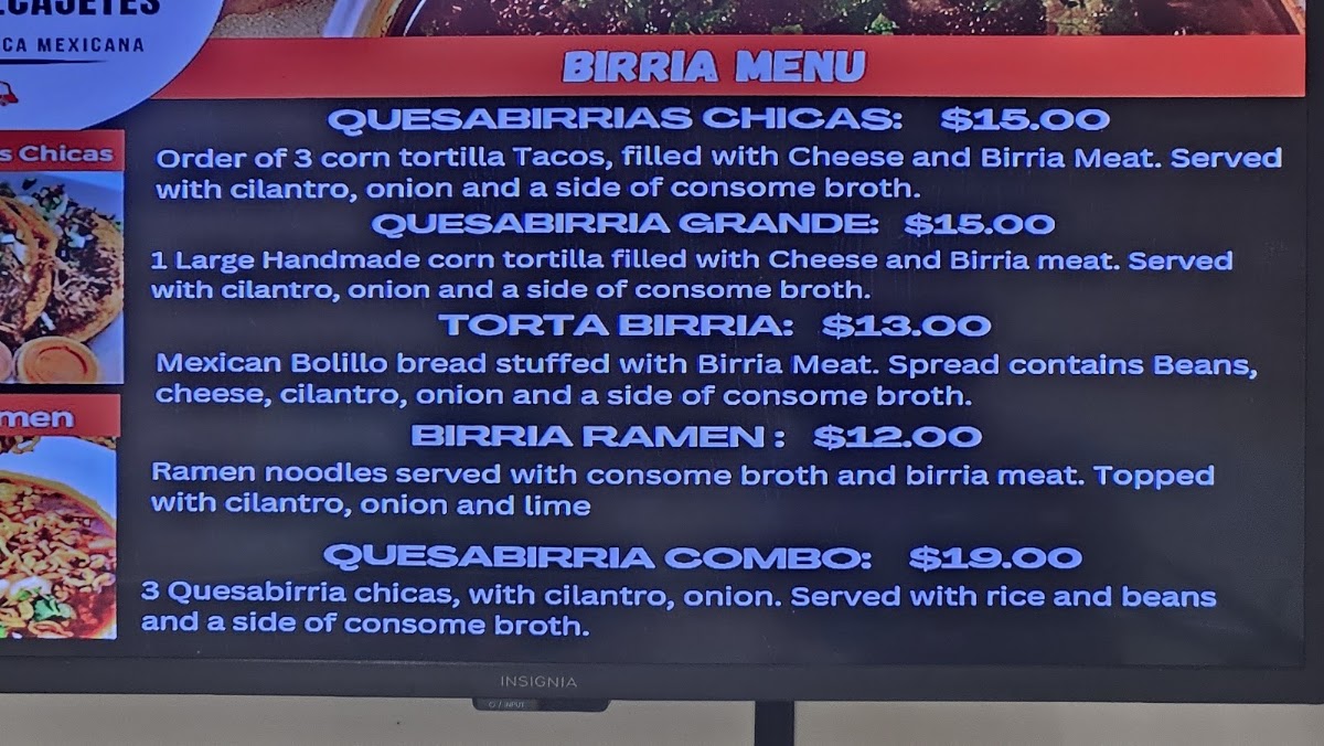Taqueria Los 3 Molcajetes menu board