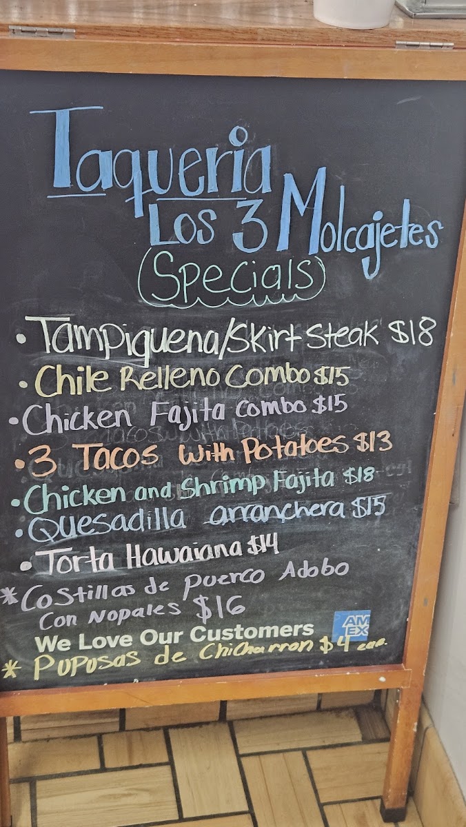 Taqueria Los 3 Molcajetes menu board