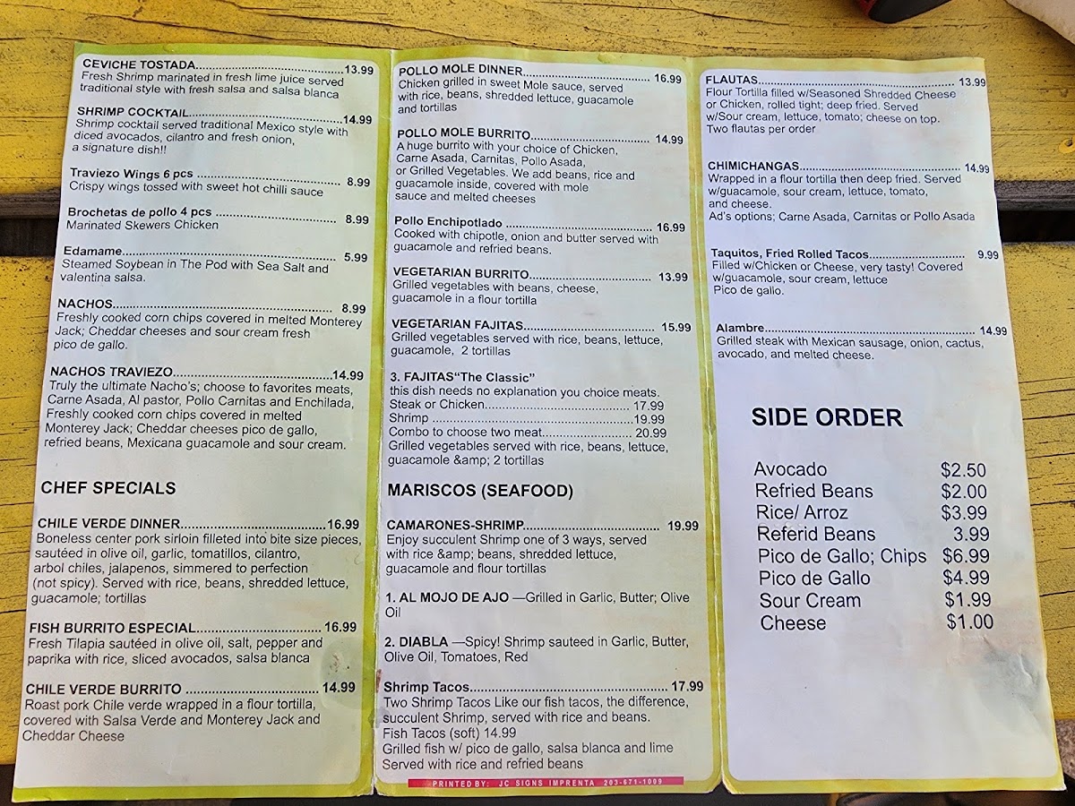 El Traviezo Mexican Food menu board