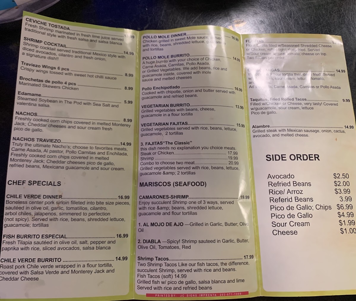 El Traviezo Mexican Food menu board