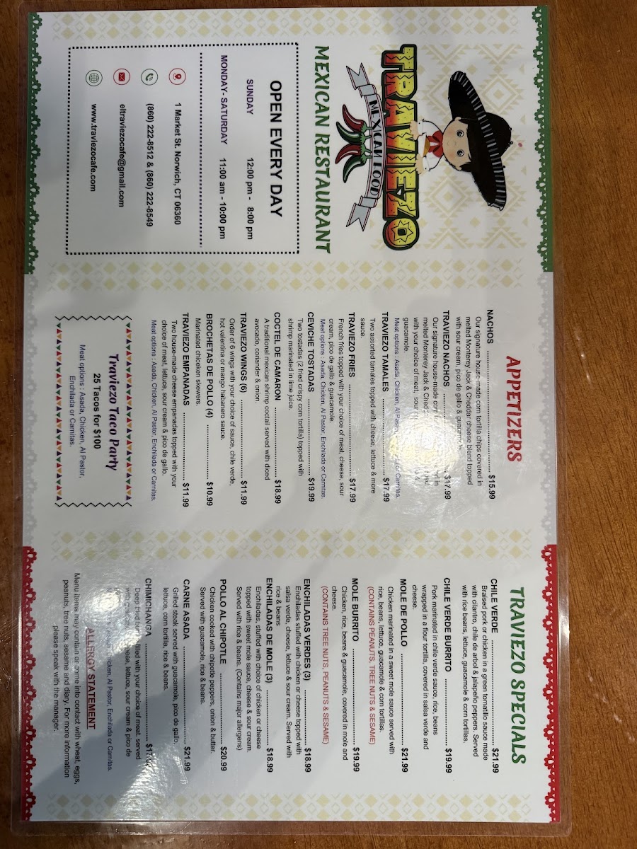 El Traviezo Mexican Food menu board