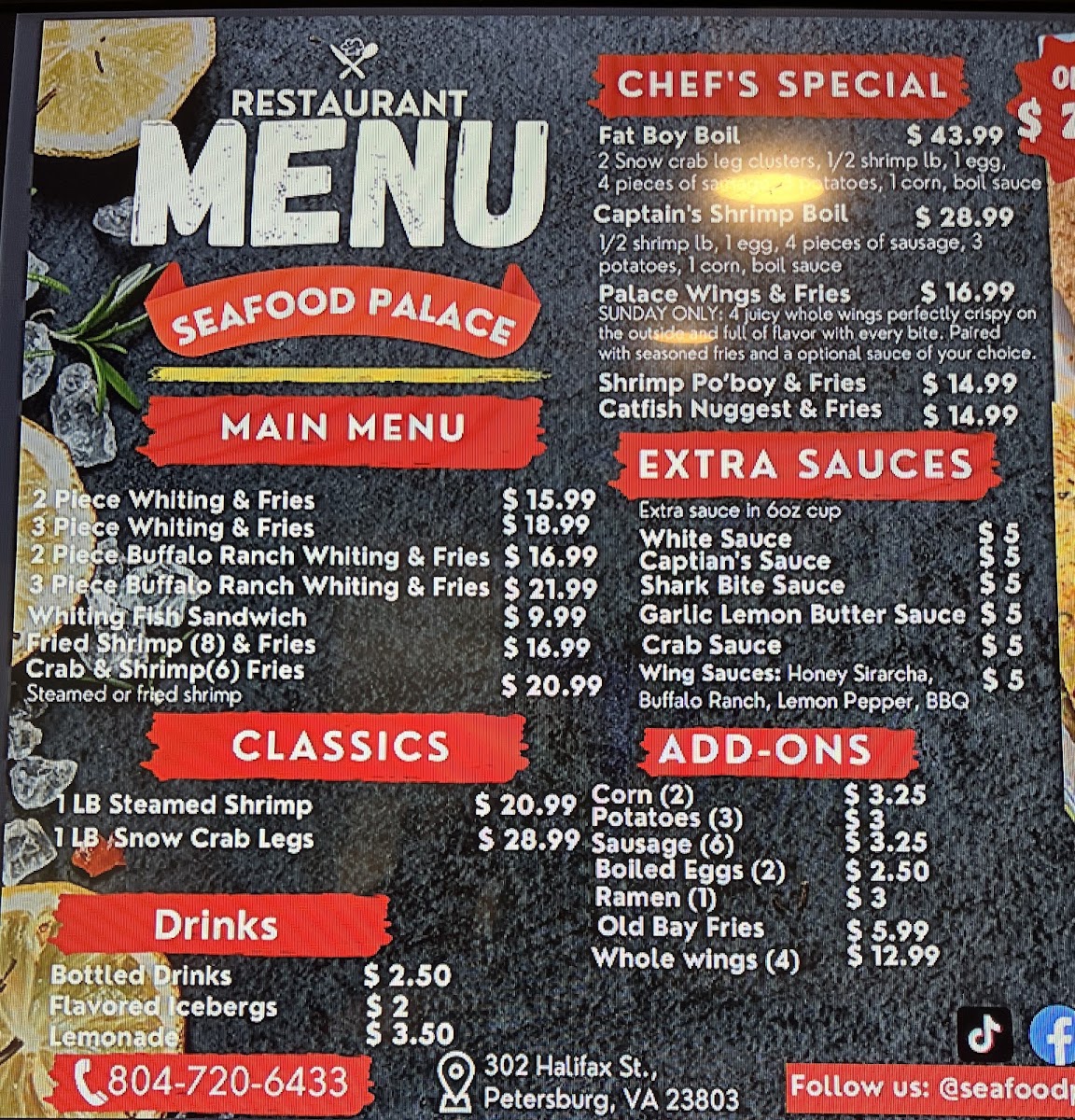 Seafood Palace menu board