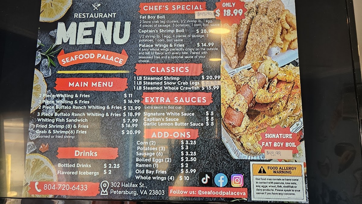 Seafood Palace menu board