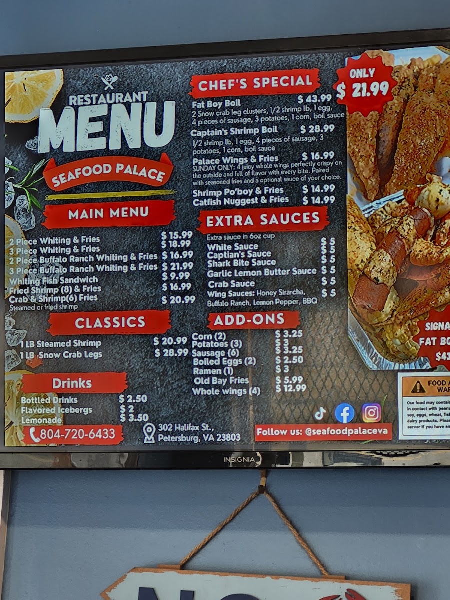 Seafood Palace menu board