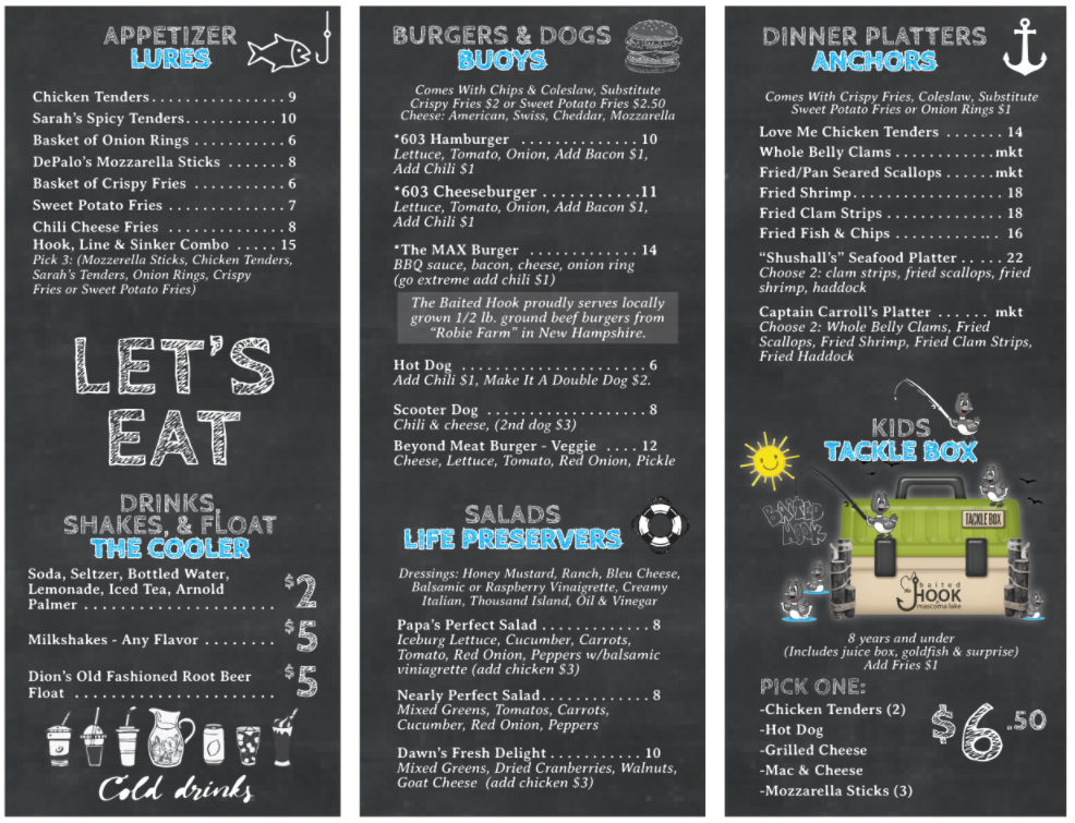 Baited Hook At Mascoma Lake menu board