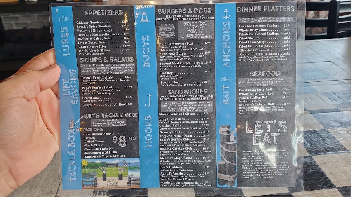 Baited Hook At Mascoma Lake menu board