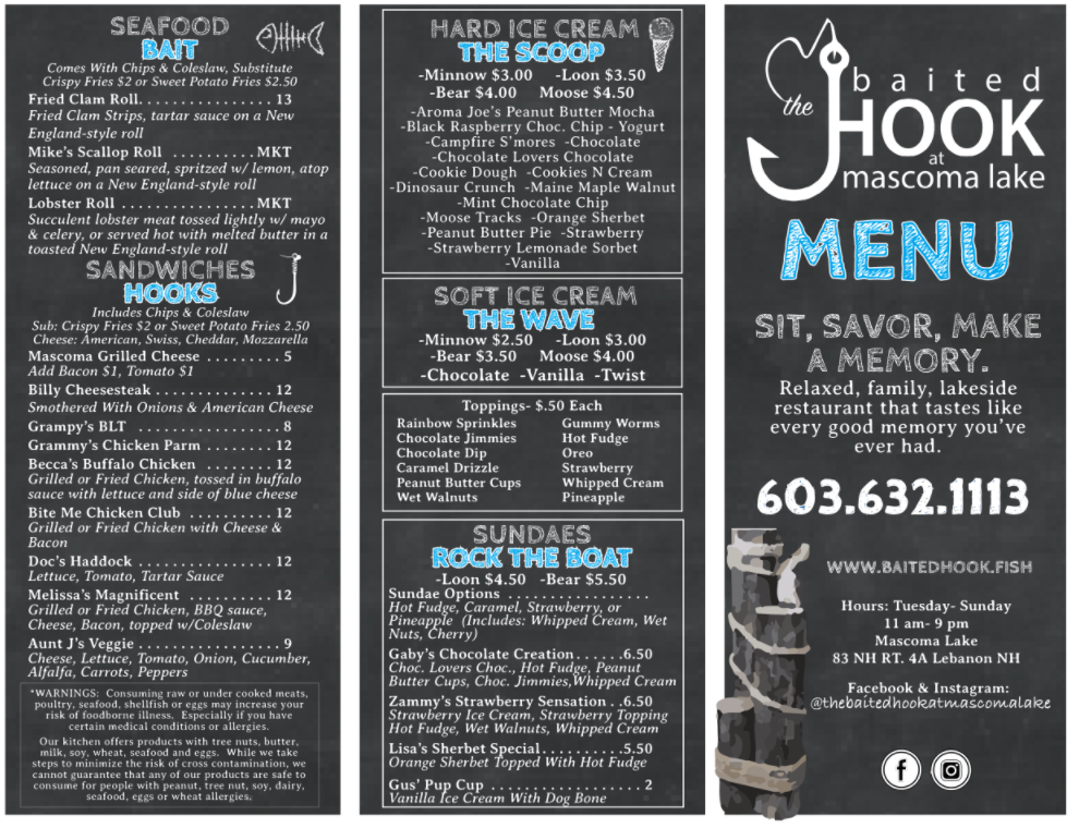 Baited Hook At Mascoma Lake menu board