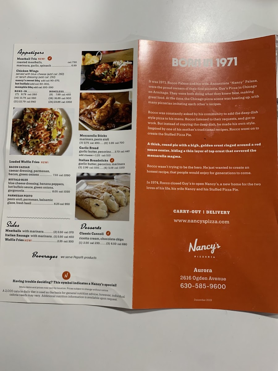 Nancy's Pizza menu board