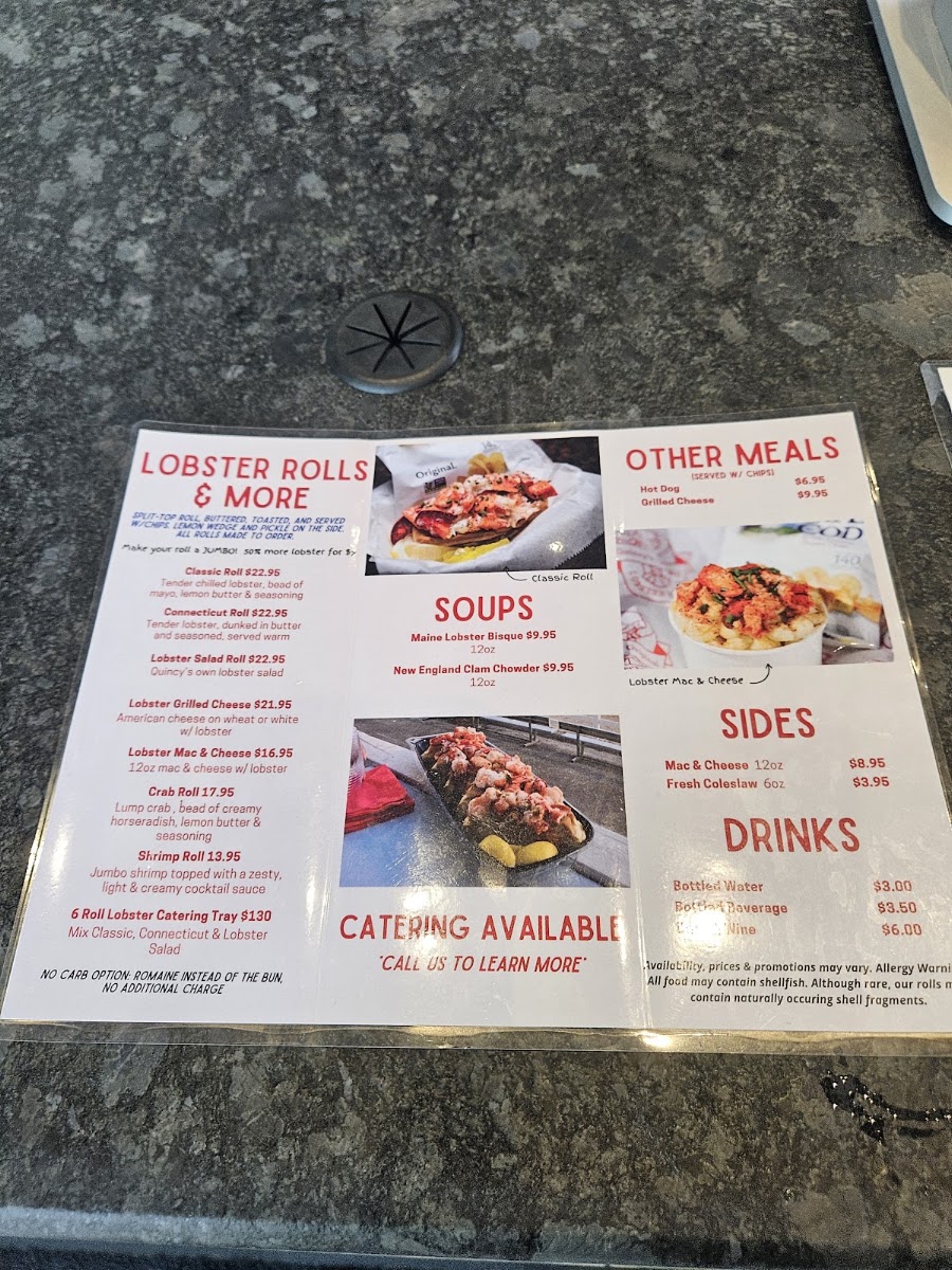 Quincy's Original Lobster Rolls menu board