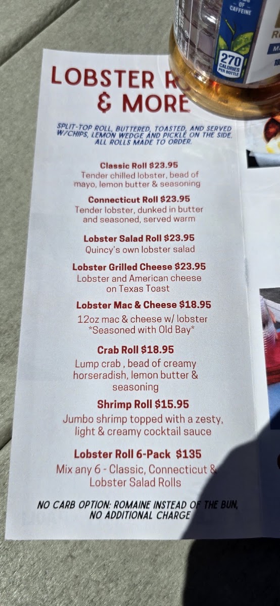 Quincy's Original Lobster Rolls menu board