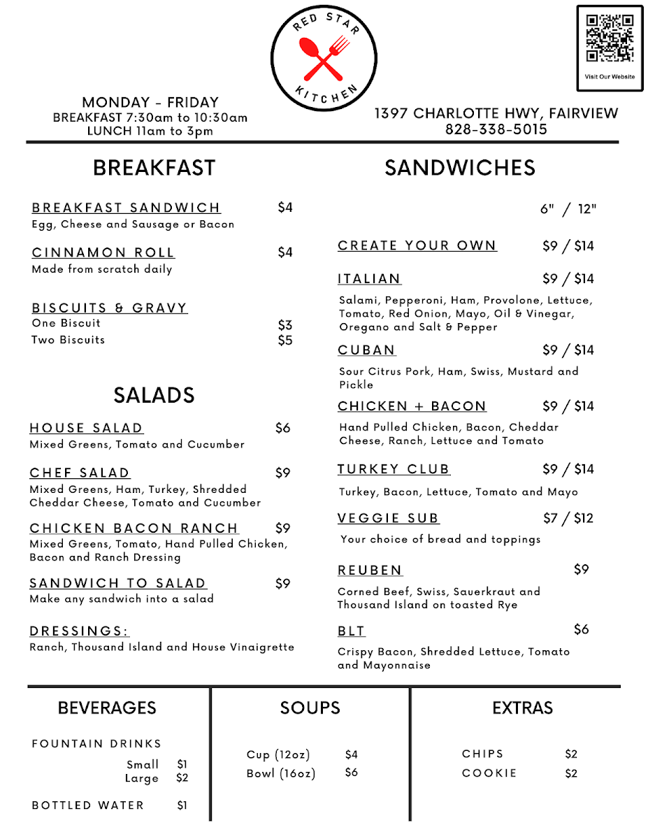 The Red Star Kitchen menu board